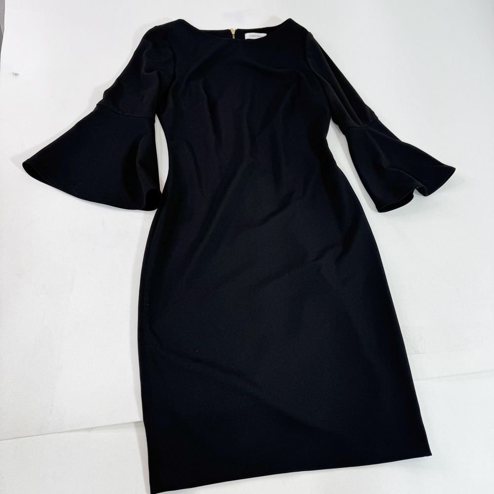 Calvin Klein Dress Womens Medium Black Bell Sleeve Sheath Exposed Gold Zipper